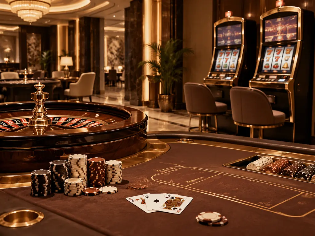 Meja roulette, kartu, dan mesin slot dalam ruang kasino konseptual
