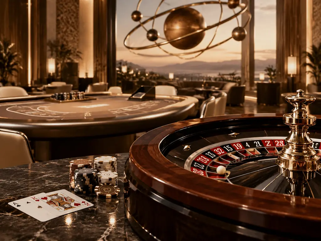 Konsep ruang kasino dengan meja roulette, meja kartu, dan hiasan orbit planet dalam warna pasir dan perunggu