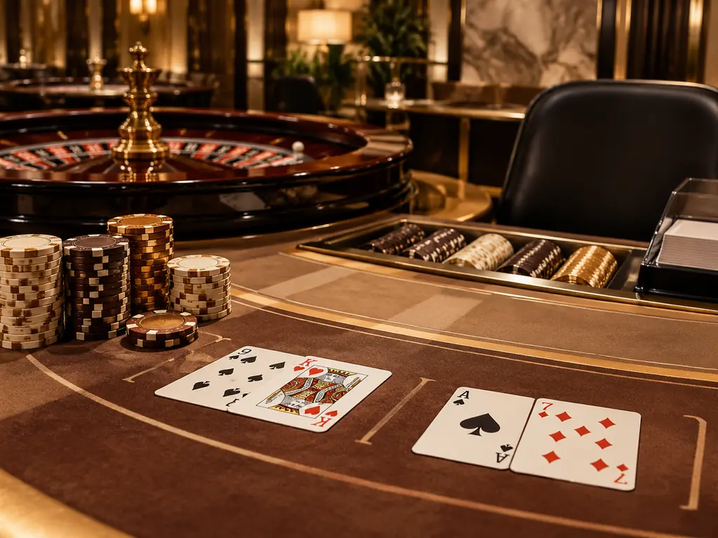 Meja baccarat dan roda roulette pada ruang kasino langsung konseptual