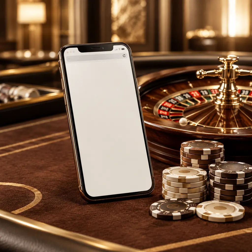 Ponsel berlayar kosong di samping roda roulette dan cip