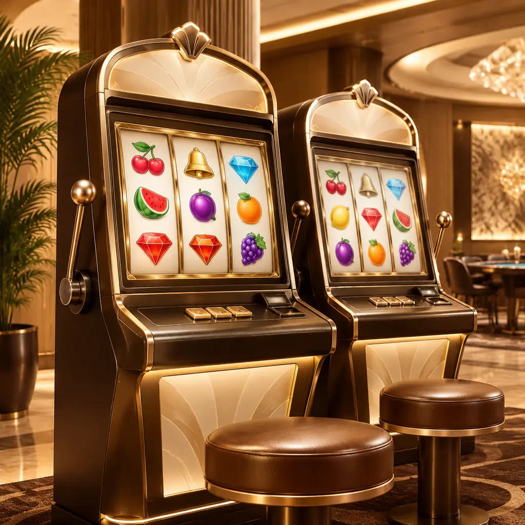 Mesin slot tanpa merek dengan tema buah dan permata di ruang kasino